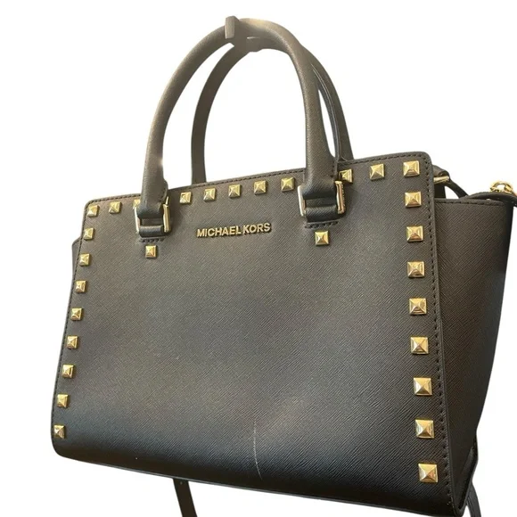 Michael Kors Black Studded Saffiano Leather Satchel‎ Crossbody Medium Purse Bag - Picture 2 of 15